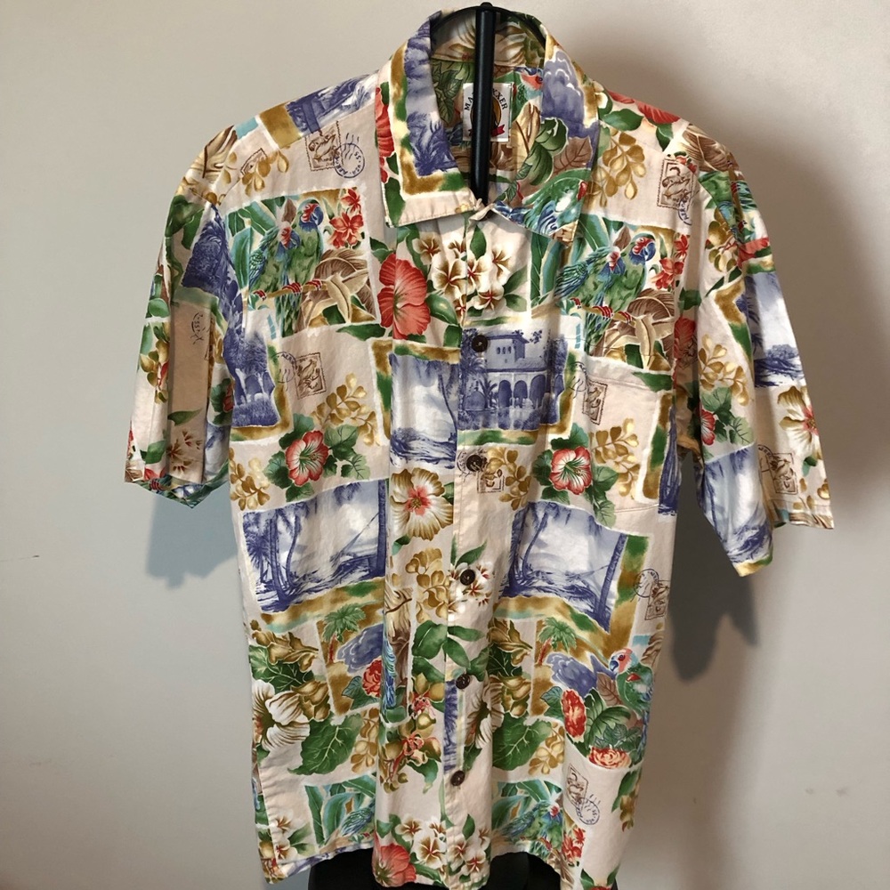 Casual Tropical Print Short-Sleeve Button-Down Shirt - Cream Multi